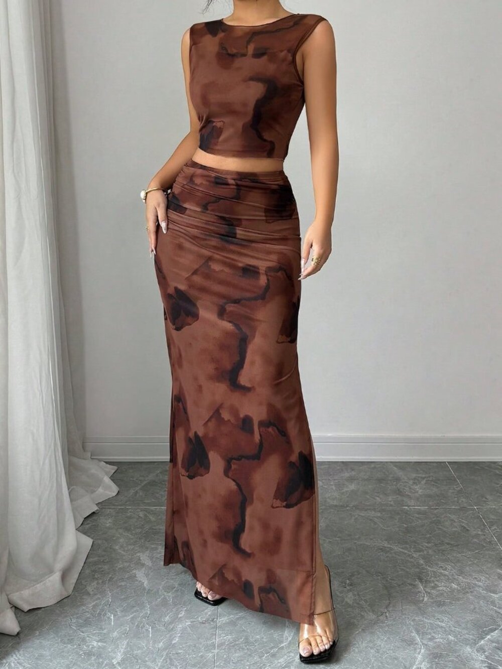 Coffee Brown Casual Women's Checkered Mesh Sleeveless Vest Top & Slit Skirt Set - Picture 4 of 6
